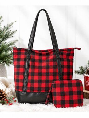Buffalo Plaid Tote Bag & Matching Zipper Pouch Red Black Check Tote
